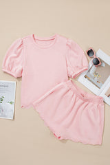 Light Pink Puff Sleeve Pearl Embellished Scallop Trim Top 2 Piece Skort Set Two Piece Dresses JT's Designer Fashion