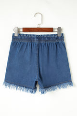 Ashleigh Blue Raw Hem Drawstring High Waist Denim Shorts with Pockets Denim Shorts JT's Designer Fashion
