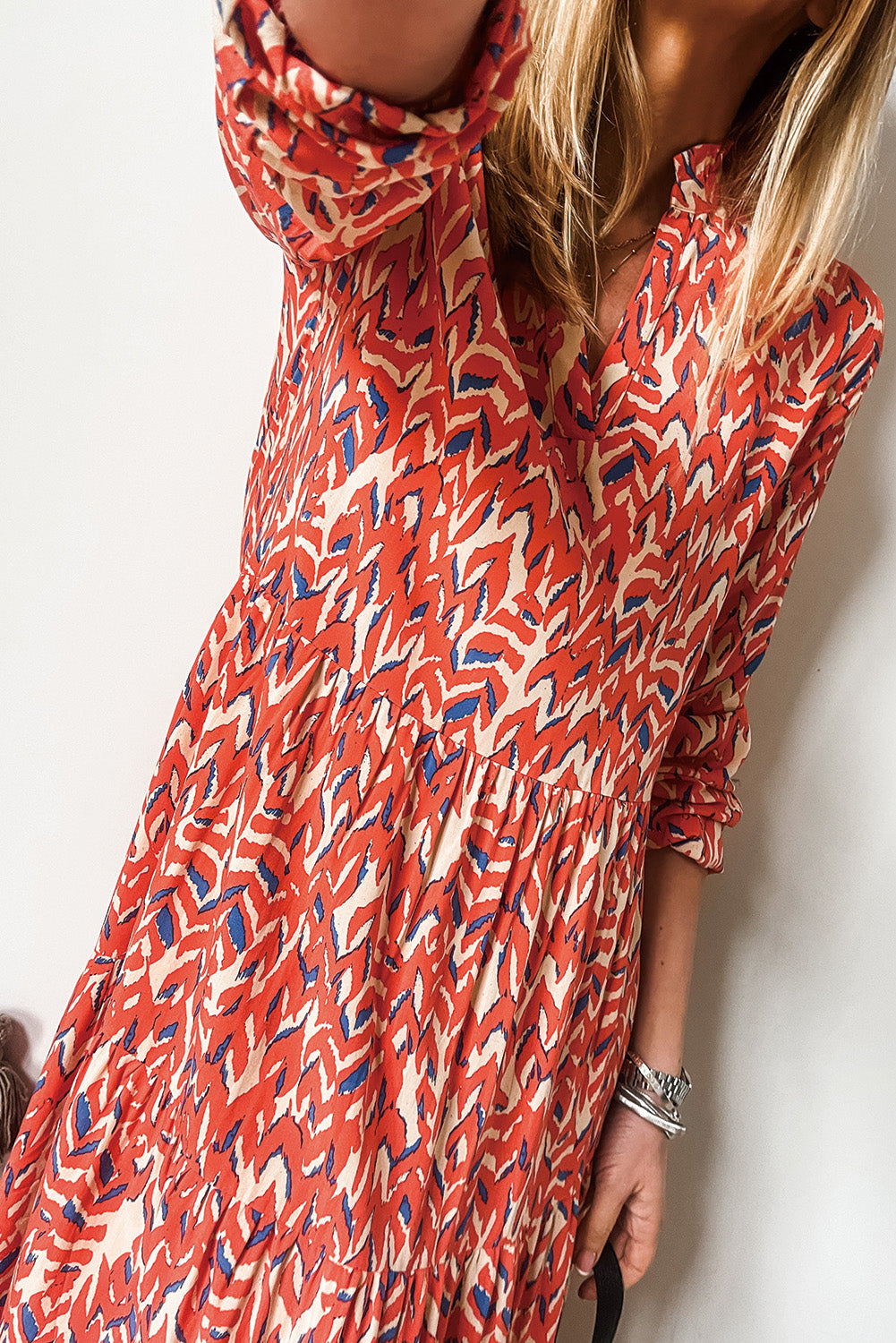 Orange Abstract Print V Neck Pleated High Waist Midi Dress Midi Dresses JT's Designer Fashion