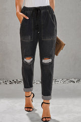 Black Gather Round Distressed Pocketed Denim Jogger Black 71%Cotton+27.5%Polyester+1.5%Spandex Jeans JT's Designer Fashion