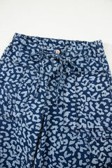 Blue Leopard Printed Drawstring Elastic Waistband Pocketed Wide Leg Jeans Jeans JT's Designer Fashion