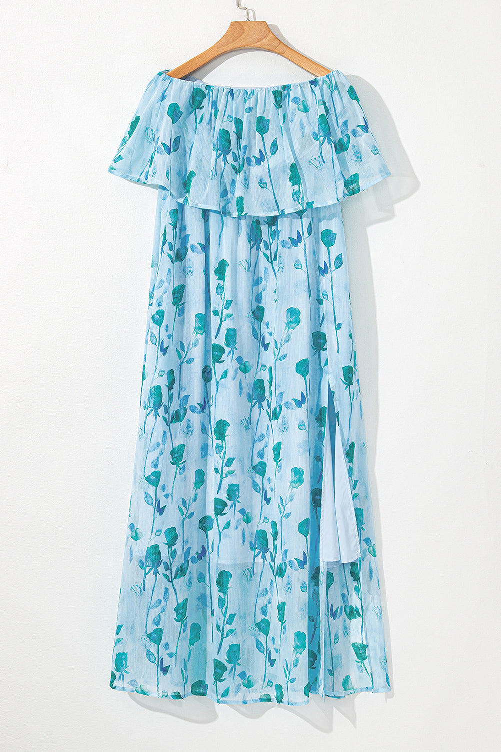 Green Floral Print Ruffled Side Slit Tube Top Maxi Dress Floral Dresses JT's Designer Fashion