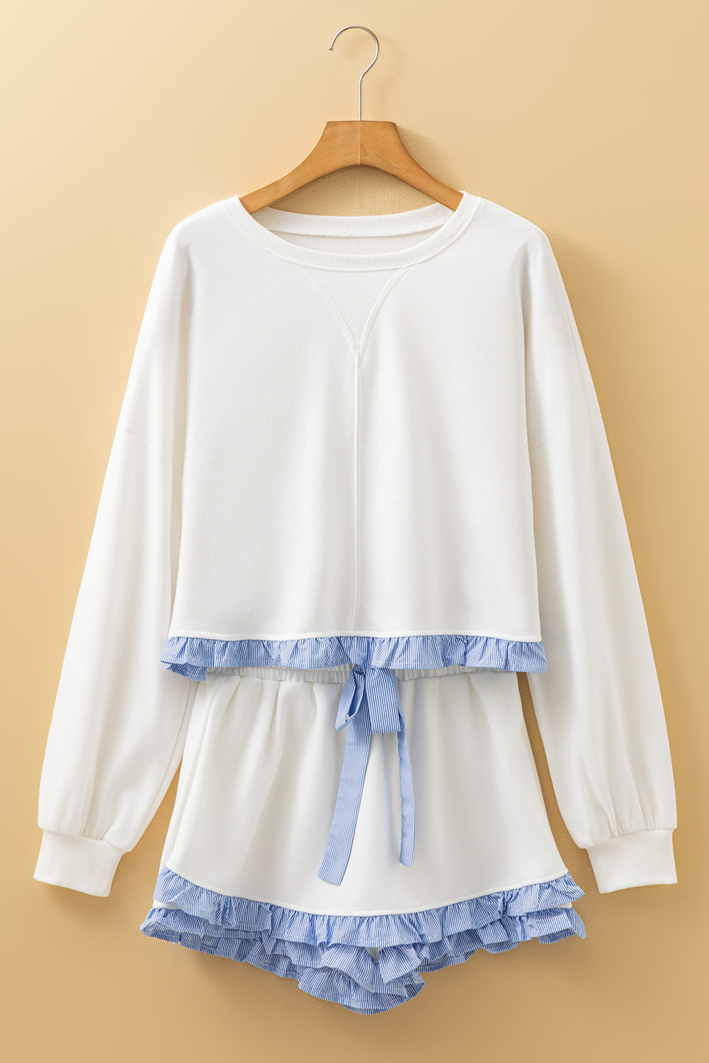 White Plaid Ruffled Patchwork Drop Shoulder Pullover and Drawstring Elastic Waist Shorts Matching Set Short Sets JT's Designer Fashion
