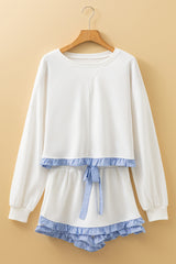 White Plaid Ruffled Patchwork Drop Shoulder Pullover and Drawstring Elastic Waist Shorts Matching Set Short Sets JT's Designer Fashion
