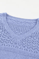 Sky Blue Eyelet Pattern Detail V Neck Drop Shoulder Sweater Sweaters JT's Designer Fashion