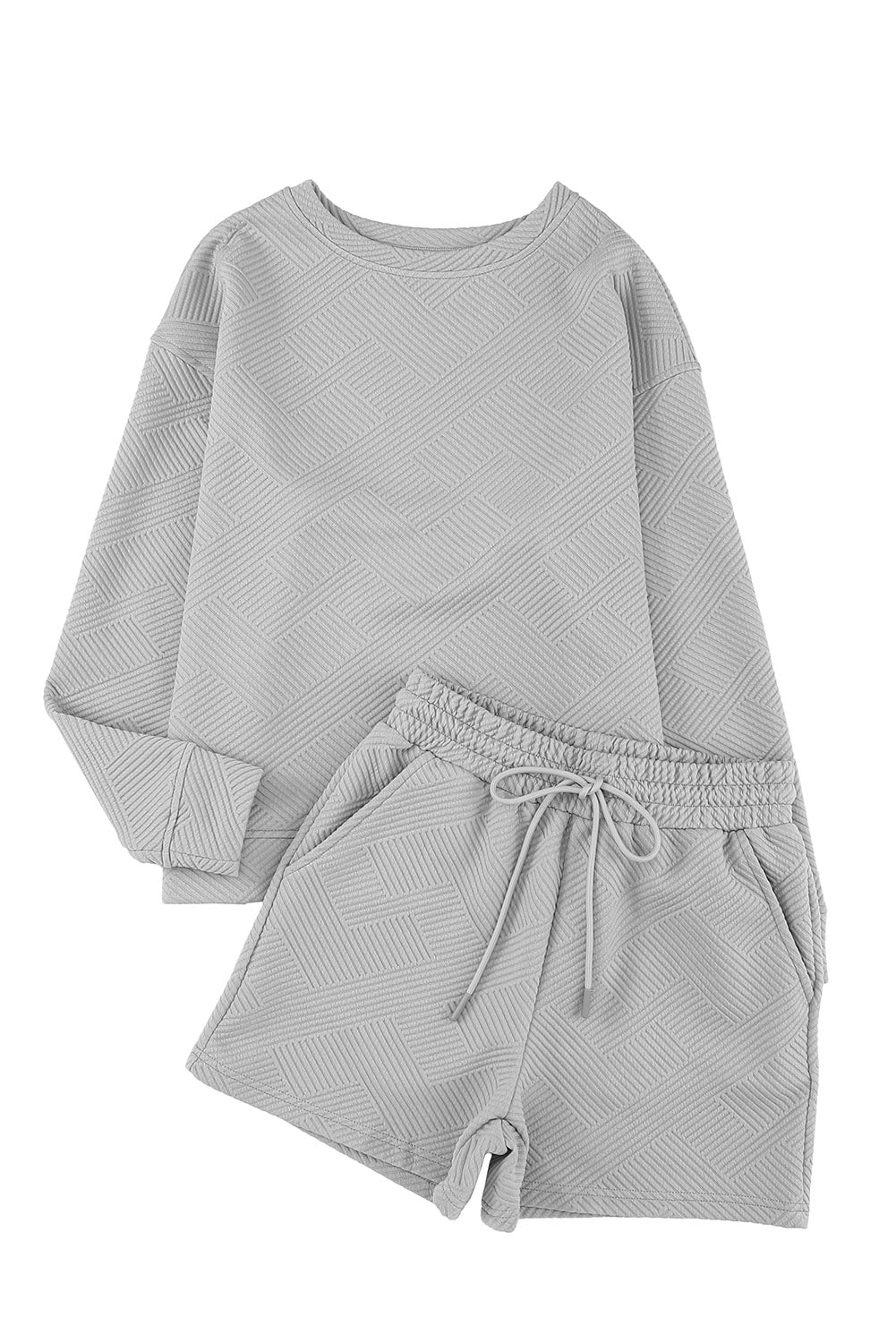 Gray Textured Long Sleeve Top and Drawstring Shorts Set Short Sets JT's Designer Fashion