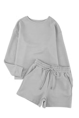 Gray Textured Long Sleeve Top and Drawstring Shorts Set Short Sets JT's Designer Fashion