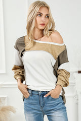 Khaki Exposed Seam Color Block Patchwork Top Long Sleeve Tops JT's Designer Fashion