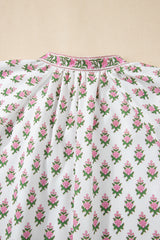 Pink Floral Print Bubble Sleeve Neck Tie Ruffled Dress Floral Dresses JT's Designer Fashion