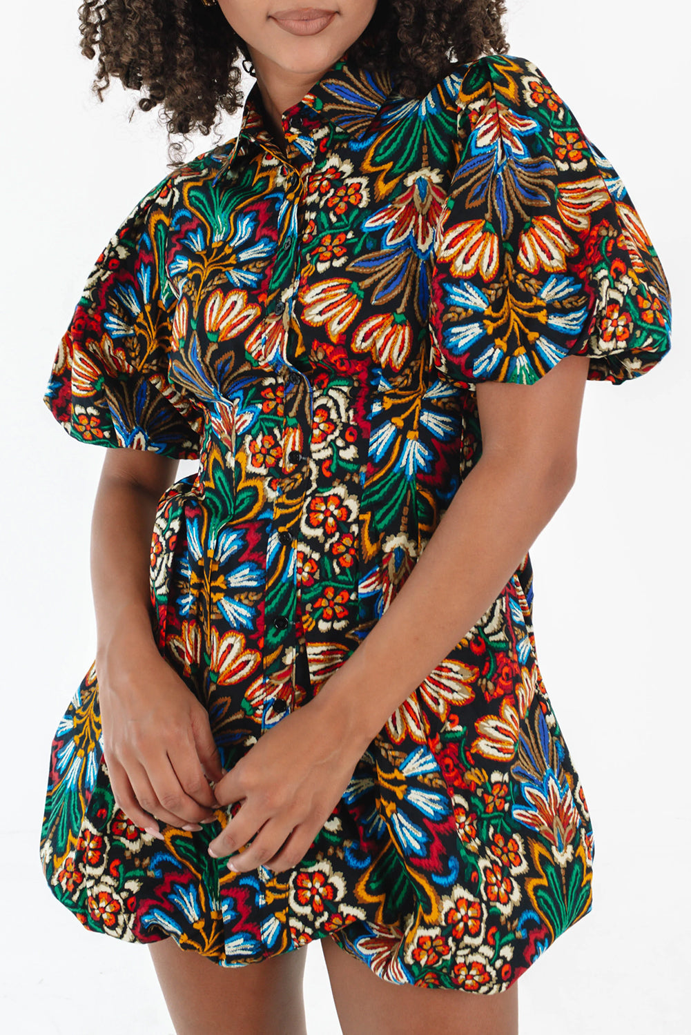 Multicolour Floral Puff Short Sleeve Shirt Mini Dress Mini Dresses JT's Designer Fashion
