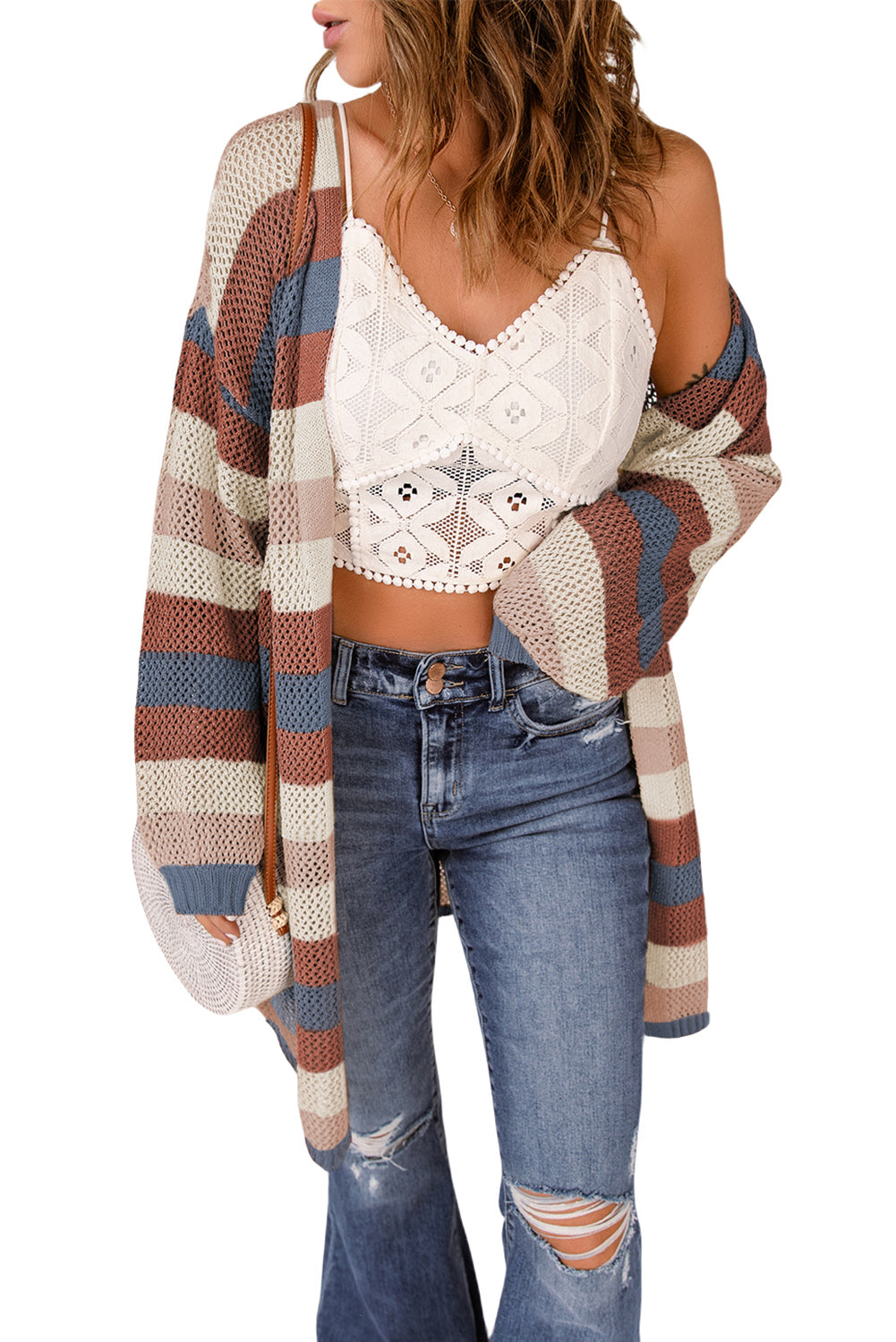 Blue Striped Color Block Hollowed Knit Cardigan Sweaters & Cardigans JT's Designer Fashion