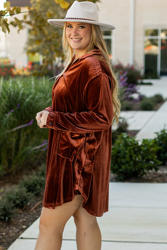 Coffee Plus Size V Neck Collared Pleated Back Rounded Hem Velvet Dress Plus Size Mini Dresses JT's Designer Fashion