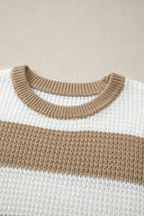Light French Beige Colorblock Striped Drop Shoulder Side Slit Sweater Sweaters JT's Designer Fashion