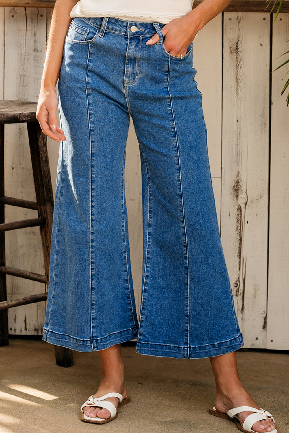 Dark Blue Plain Seam Detail Flared Bottom Ankle Length Jeans Jeans JT's Designer Fashion