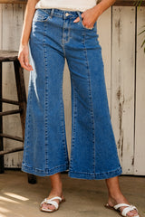 Dark Blue Plain Seam Detail Flared Bottom Ankle Length Jeans Jeans JT's Designer Fashion