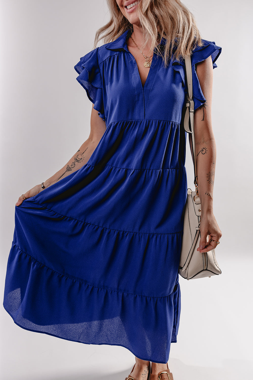 Bluing Ruffled Short Sleeve Collared V Neck Tiered Midi Dress Midi Dresses JT's Designer Fashion