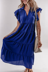 Bluing Ruffled Short Sleeve Collared V Neck Tiered Midi Dress Midi Dresses JT's Designer Fashion