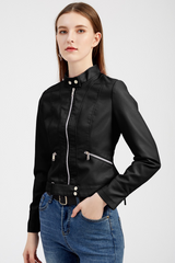 Black Faux Leather Snap Button Stand Neck Zipped Pocket Jacket Jackets JT's Designer Fashion