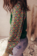 Blackish Green Floral Patchwork Shirred Cuff Puff Sleeve Sweater Sweaters JT's Designer Fashion