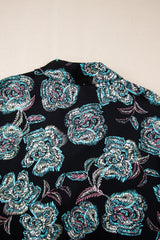 Black Floral Print Lapel Collar Loose Shirt Mini Dress Floral Dresses JT's Designer Fashion
