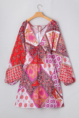 Rose Mixed Floral Long Sleeve V Neck Lace-up Hollowed Back Plus Size Dress Plus Size Mini Dresses JT's Designer Fashion