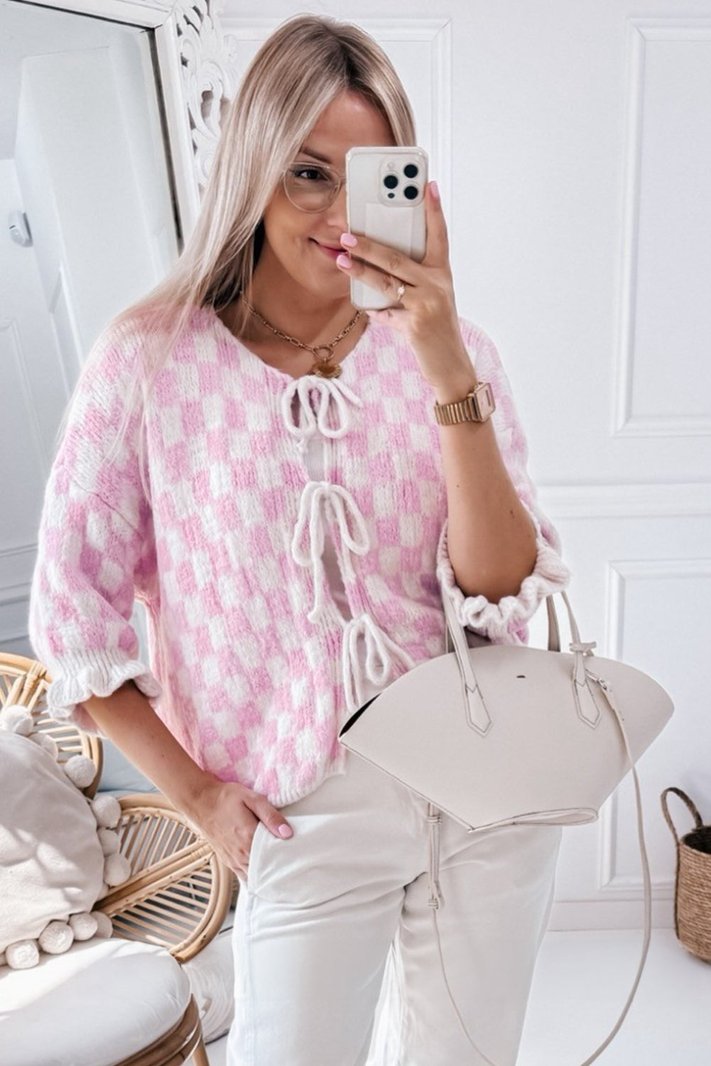 Light Pink Checkered Knitted Lace-up Ruffled 3/4 Sleeve Cardigan Cardigans JT's Designer Fashion