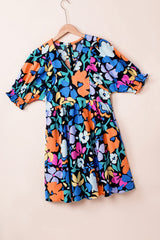 Blue Collared Split Neck Floral Flared Dress Floral Dresses JT's Designer Fashion