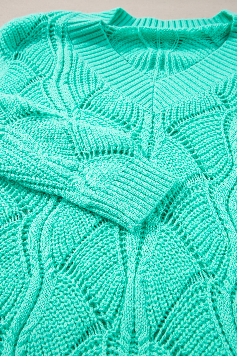 Mint Green Hollow Out Knit V Neck Drop Shoulder Sweater Sweaters JT's Designer Fashion