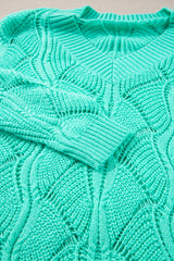 Mint Green Hollow Out Knit V Neck Drop Shoulder Sweater Sweaters JT's Designer Fashion