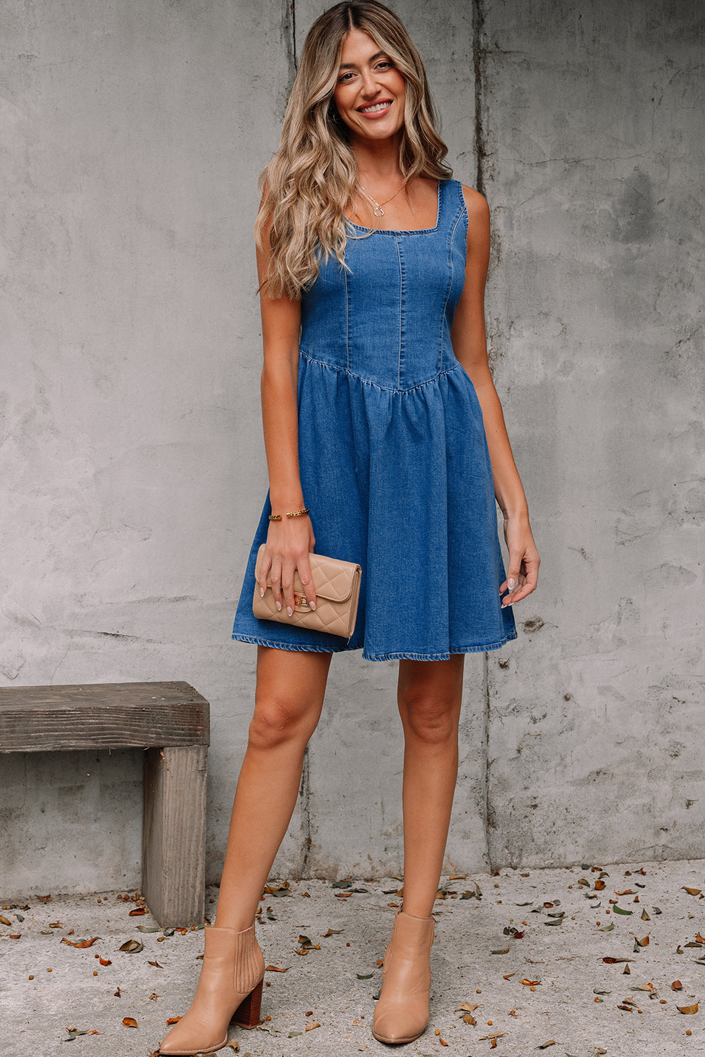 Sail Blue Square Neck Bowknot A-line Sleeveless Denim Dress JT's Designer Fashion