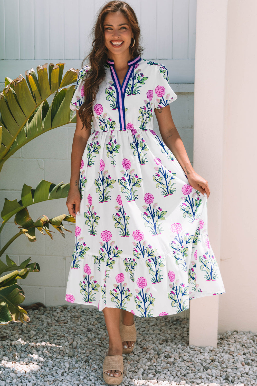 White Floral Puff Short Sleeve V Neck High Waist Maxi Dress Floral Dresses JT's Designer Fashion