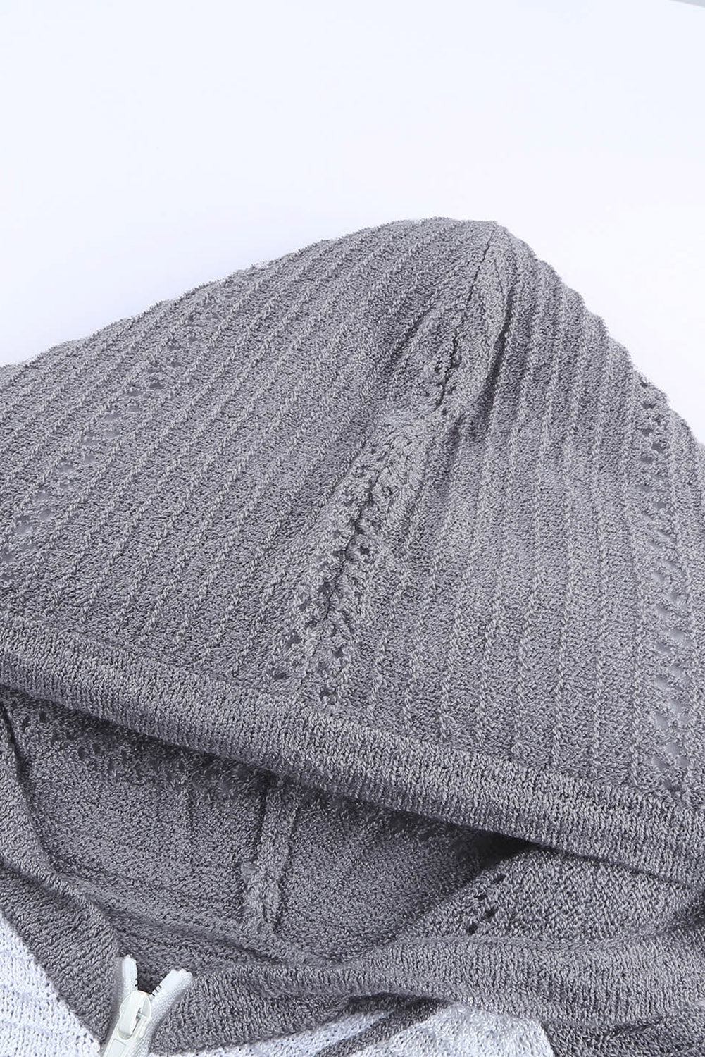 Gray Zipped Front Colorblock Hollow-out Knit Hoodie Sweatshirts & Hoodies JT's Designer Fashion