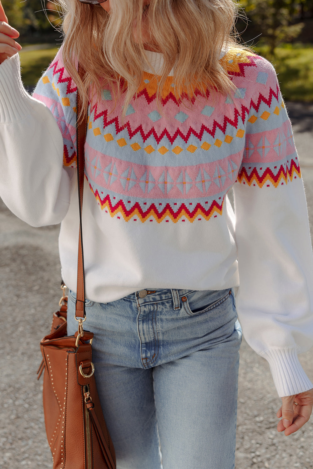White Ethnic Geometric Colorblock Print Drop Shoulder Sweater Sweaters JT's Designer Fashion