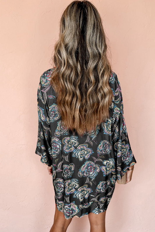 Black Floral Print Lapel Collar Loose Shirt Mini Dress Floral Dresses JT's Designer Fashion
