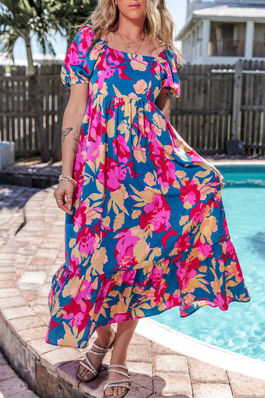 Dark Blue Square Neck Bubble Sleeve Ruffled Floral Dress Dark Blue 100%Polyester Floral Dresses JT's Designer Fashion