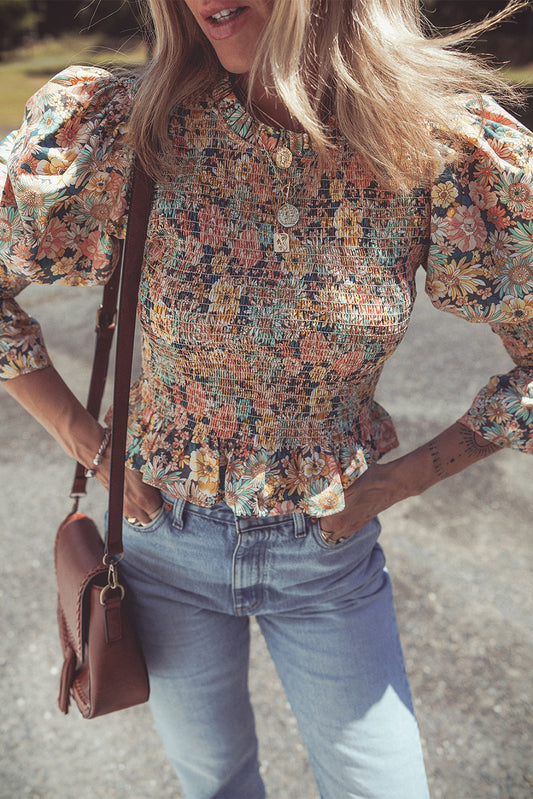 Yellow Floral Print Smocked Bubble Sleeve Ruffled Crop Top Yellow 100%Cotton Blouses & Shirts JT's Designer Fashion