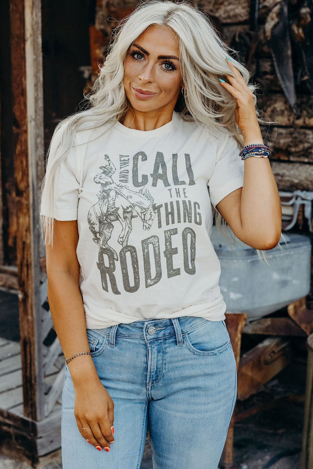 White AND THEY CALL THE THING RODEO Print Round Neck T Shirt Graphic Tees JT's Designer Fashion