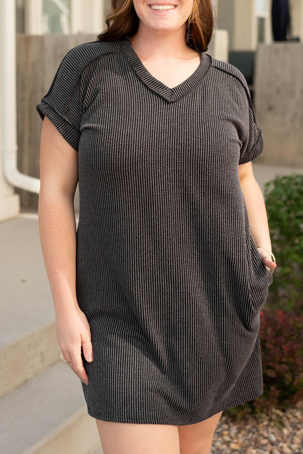Carbon Grey Corded V Neck Plus Size T Shirt Dress with Pockets Carbon Grey 75%Polyester+20%Viscose+5%Elastane Plus Size Mini Dresses JT's Designer Fashion