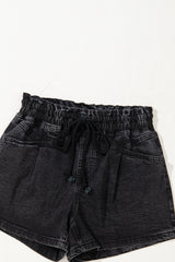 Black Drawstring High Waist Casual Denim Shorts with Pockets Denim Shorts JT's Designer Fashion