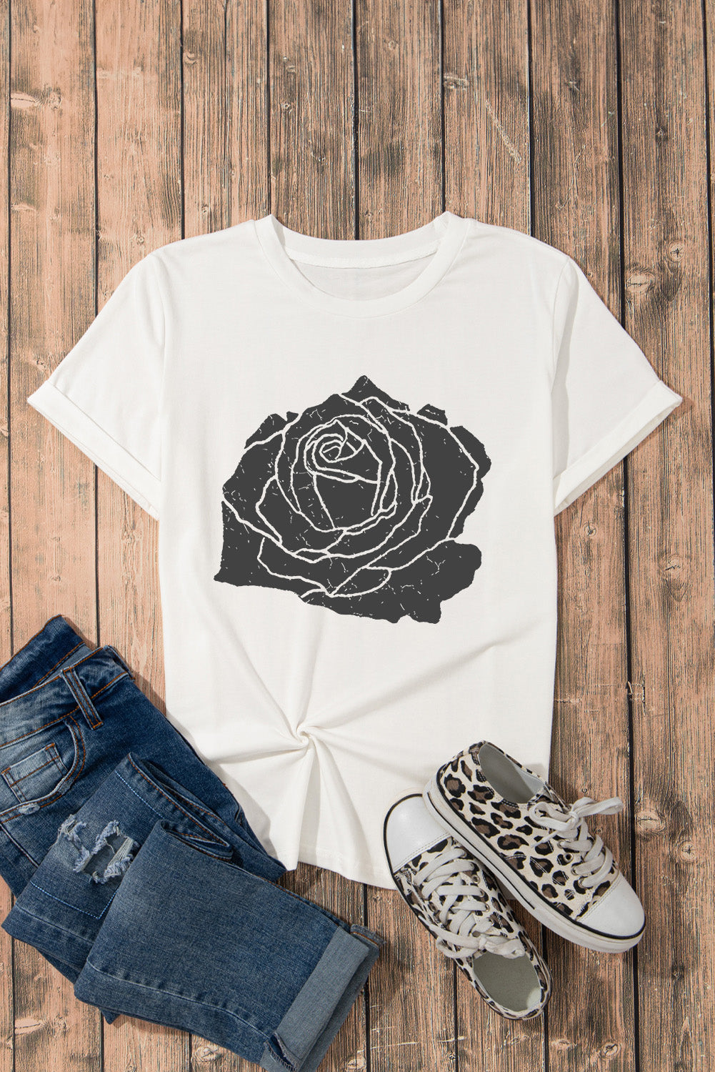 White Large Rose Print Round Neck T Shirt Graphic Tees JT's Designer Fashion