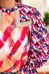 Rose Red Abstract Geometric Pattern Patchwork Puff Sleeve Blouse Blouses & Shirts JT's Designer Fashion