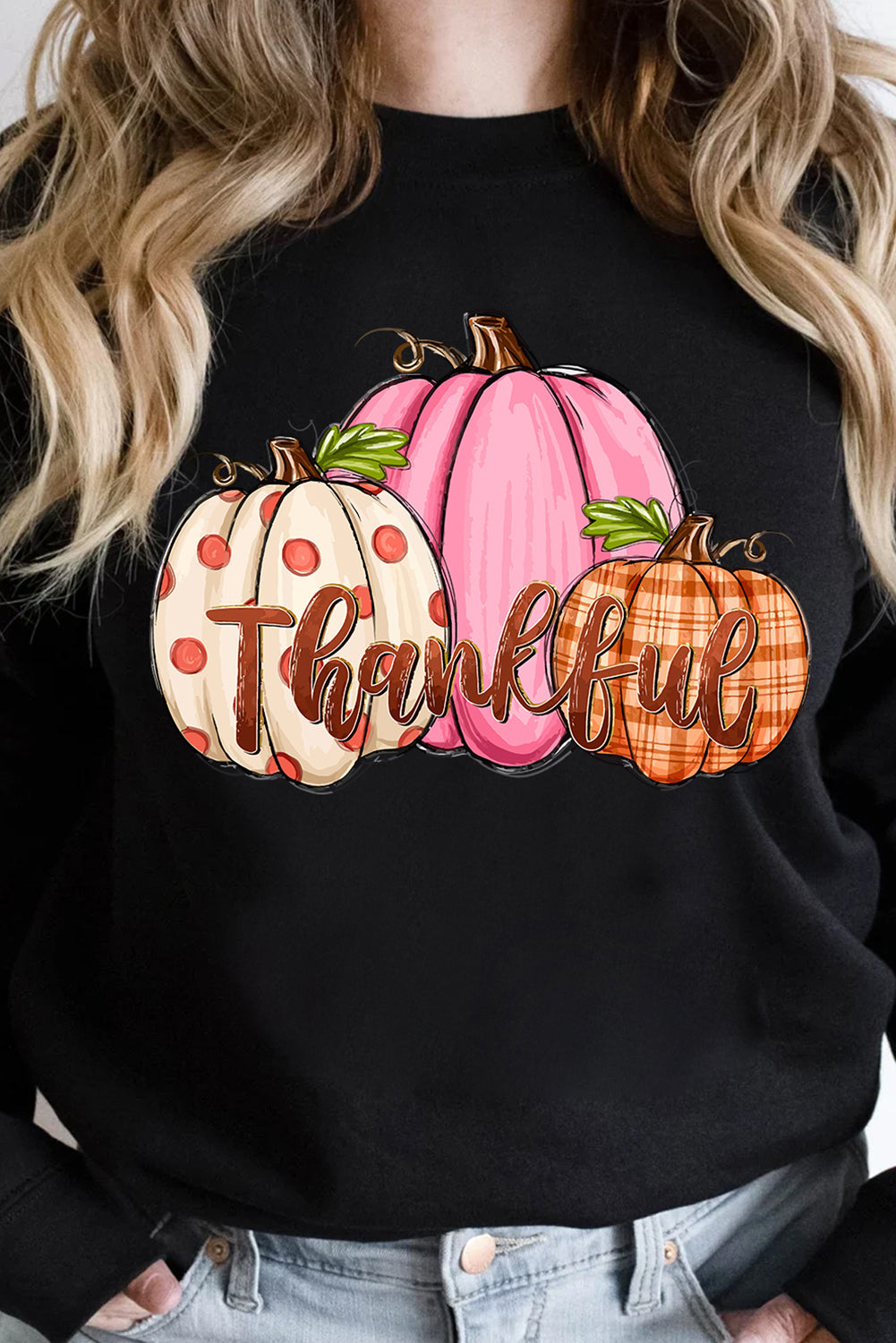 Black Pumpkin Thankful Drop Shoulder Thanksgiving Pullover Sweatshirt Graphic Sweatshirts JT's Designer Fashion