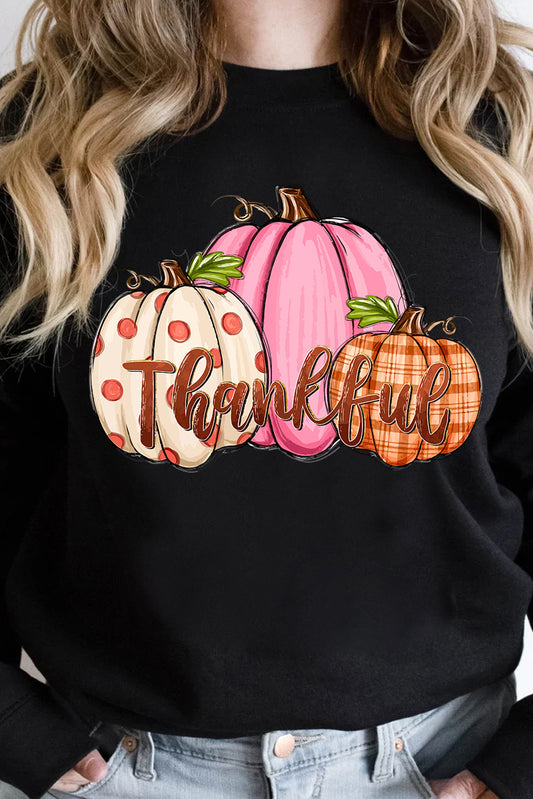 Black Pumpkin Thankful Drop Shoulder Thanksgiving Pullover Sweatshirt Graphic Sweatshirts JT's Designer Fashion