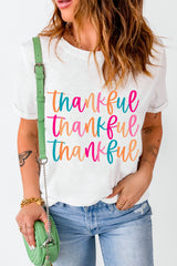 White Thankful Printed Crewneck Thanksgiving T Shirt Graphic Tees JT's Designer Fashion