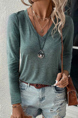 Mist Green Solid Color Long Sleeve V Neck Top Long Sleeve Tops JT's Designer Fashion