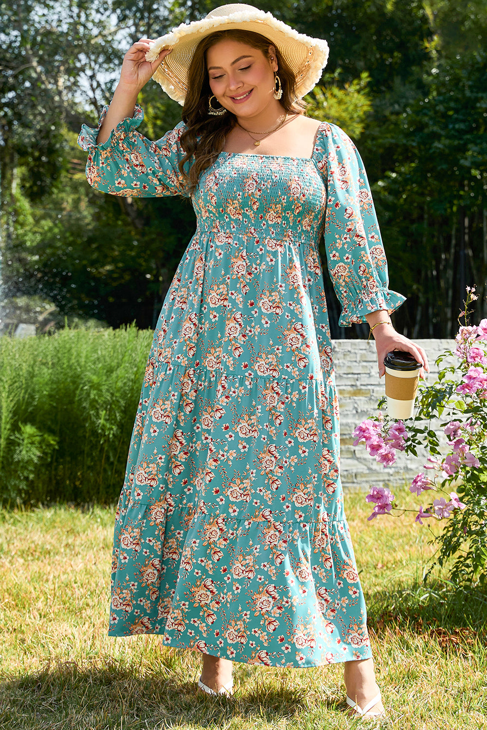 Green Plus Size Floral Print Square Neck Smocked Maxi Dress Plus Size Maxi Dresses JT's Designer Fashion
