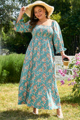 Green Plus Size Floral Print Square Neck Smocked Maxi Dress Plus Size Maxi Dresses JT's Designer Fashion