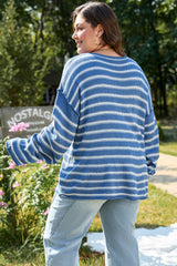 Sky Blue Stripe Drop Shoulder O Neck Plus Size Sweater Plus Size Sweaters & Cardigans JT's Designer Fashion