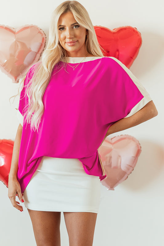 Rose Red Oversized Color Block Boat Neck Tunic Blouse Rose Red 100%Polyester Blouses & Shirts JT's Designer Fashion