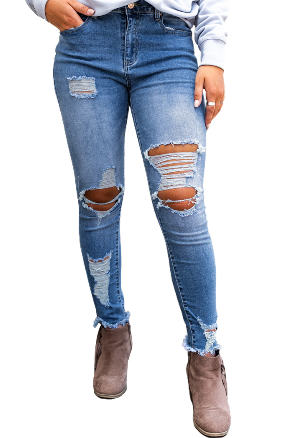 Sky Blue High Waist Distressed Skinny Jeans Jeans JT's Designer Fashion